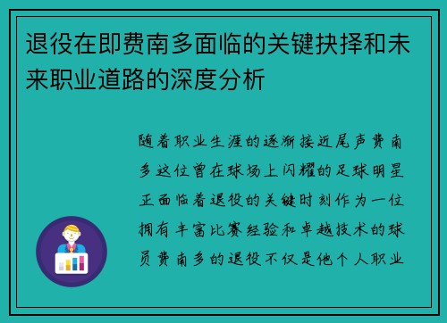 退役在即费南多面临的关键抉择和未来职业道路的深度分析