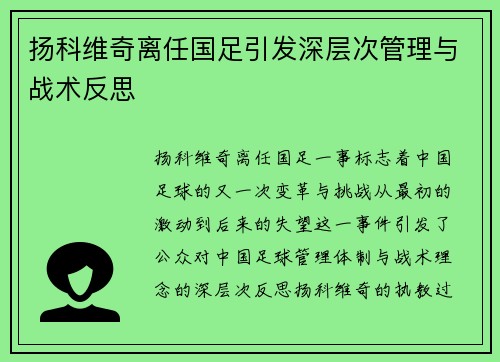扬科维奇离任国足引发深层次管理与战术反思